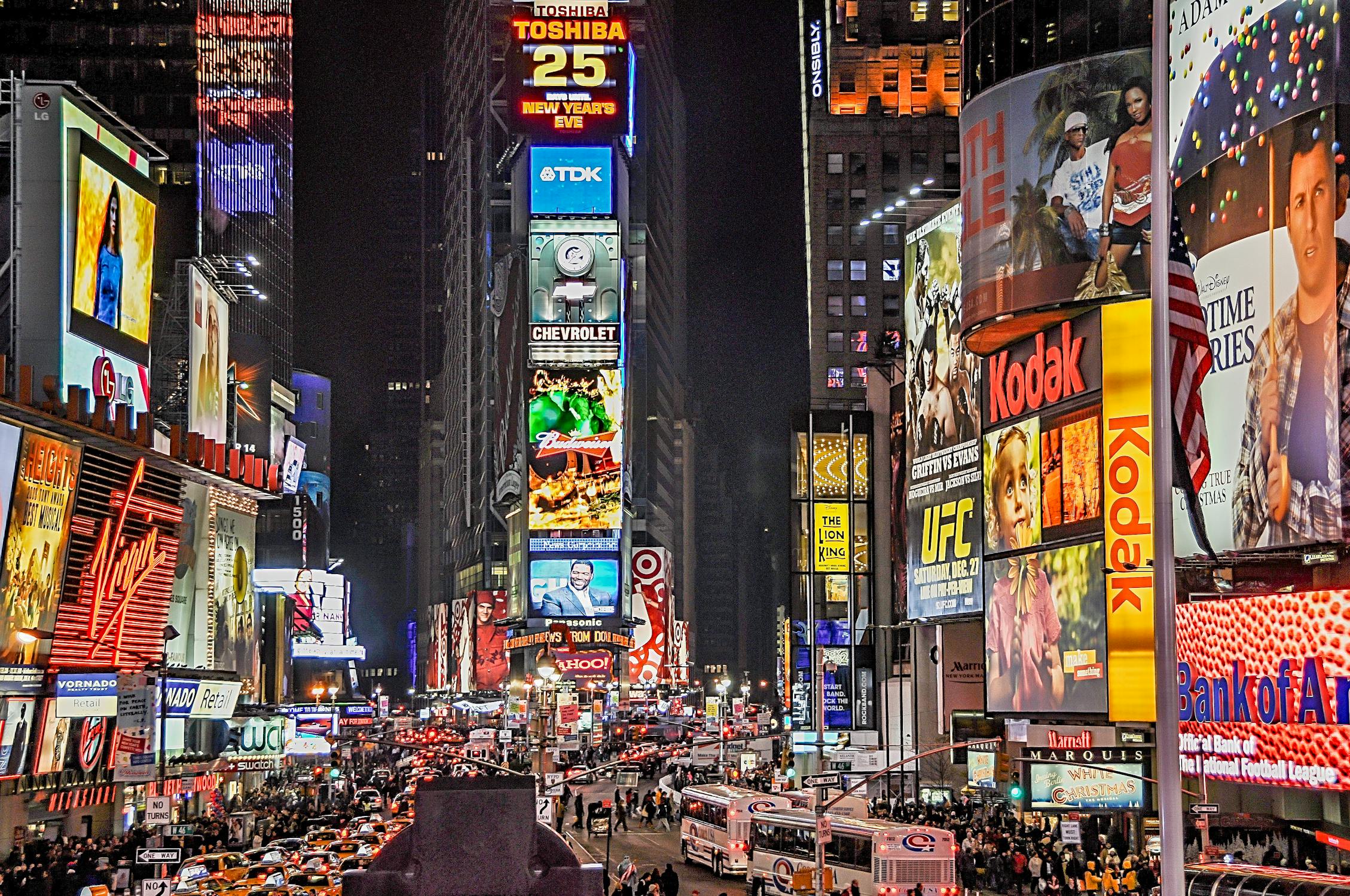 Busy time square at night with dozens of advertising boards