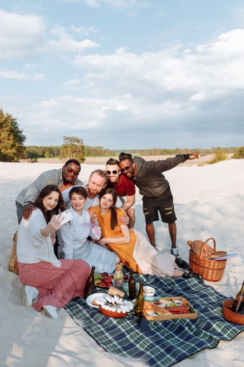 Free Group of friends having a joyful picnic on the beach, capturing moments with a selfie. Stock Photo