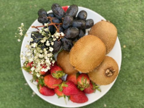 Free A vibrant selection of kiwi, grapes, and strawberries arranged on a white plate outdoors. Stock Photo