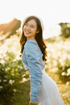 Cheerful woman in a blue top and white skirt smiling brightly in a sunlit garden.