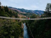 人们穿过一座横跨森林河的风景优美的吊桥，欣赏山景