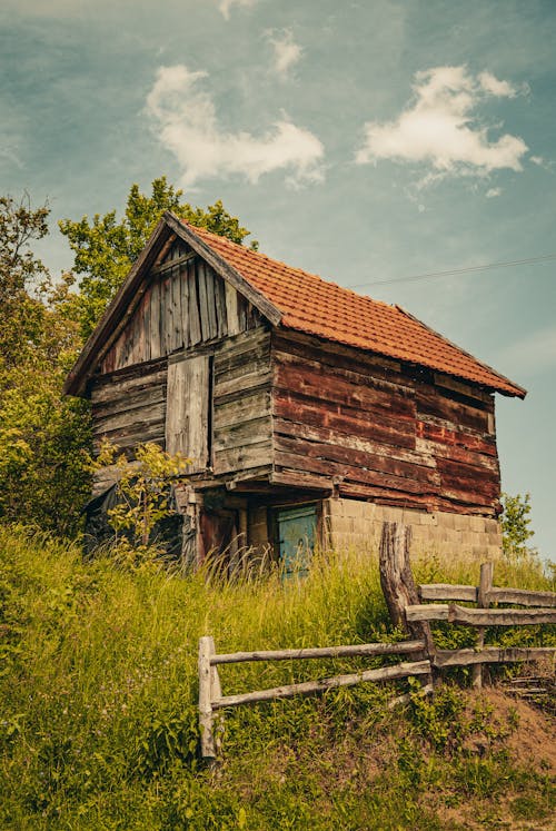 Free A Wooden Abandoned House Surrounded with Tall Green Grass Stock Photo