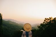 Back view of unrecognizable person in hat and casual clothes standing with white goose while admiring mountainous landscape covered with green trees under cloudless sky at sundown