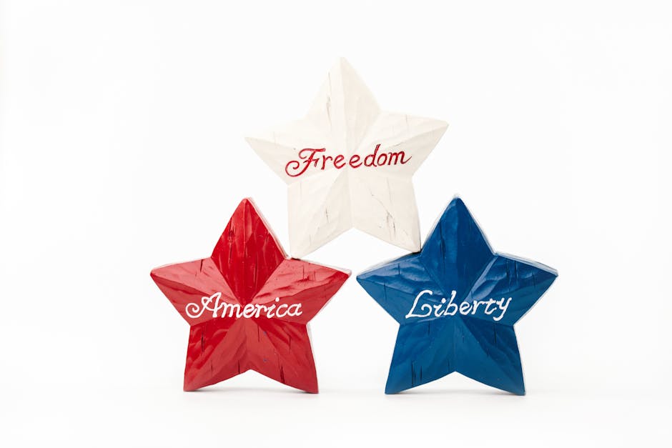 Red, white, and blue star decorations with 'Freedom,' 'America,' and 'Liberty' for a patriotic theme.