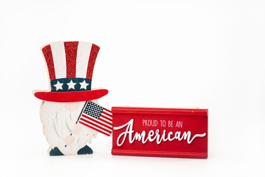 Decorative items celebrating American patriotism with flag and sign.