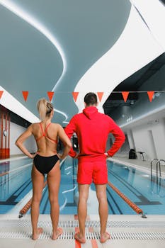 A man and woman in swimwear stand by an indoor pool, ready for training.