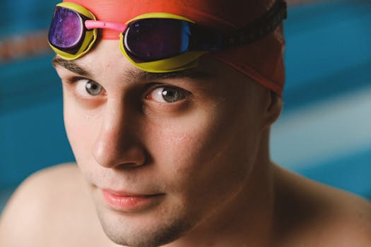 Close-up photo of a male swimmer wearing goggles and a swim cap, preparing for a swim indoors.