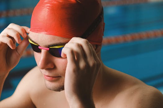 Close-up of a male swimmer adjusting goggles at an indoor pool, ready to dive.