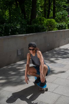 Young woman skateboarding in the city on a bright, sunny day.