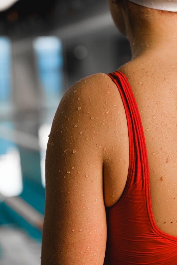 Wet Woman In Red Bathing Suit