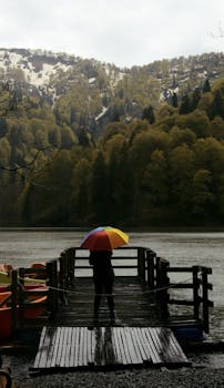 A person with an umbrella stands on a jetty overlooking a tranquil lake surrounded by lush mountains.