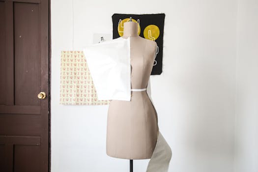 A mannequin displaying a paper pattern in a fashion design studio.