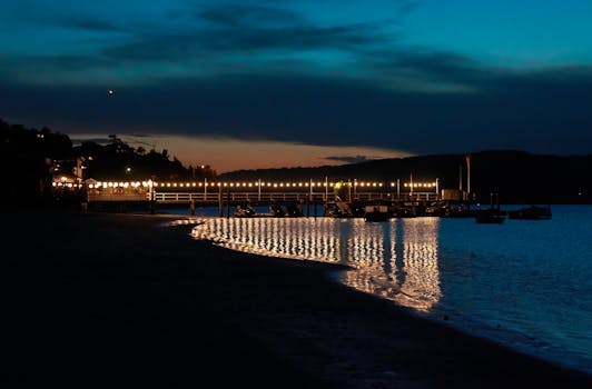 Beautiful evening view of Palm Beach pier with scenic reflections on the water and sunset hues.