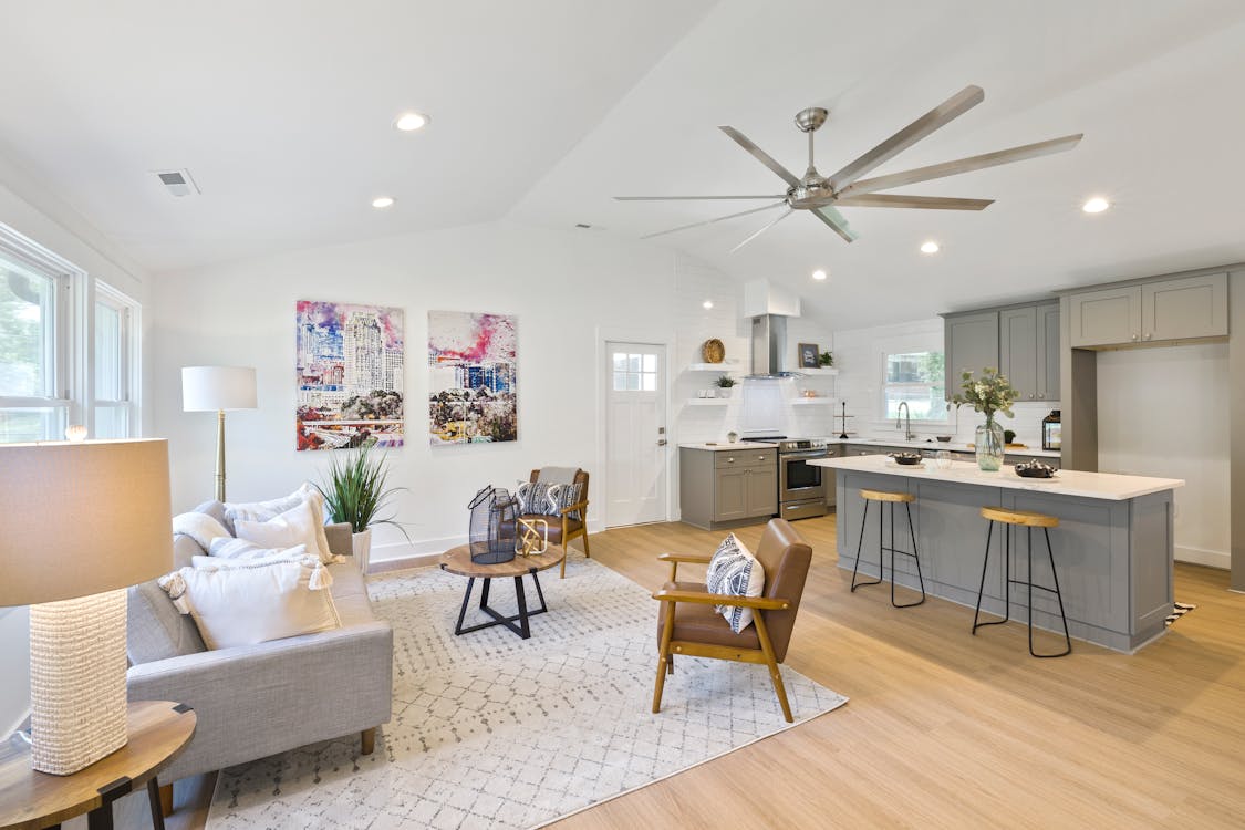 The Living Area and Kitchen of a House