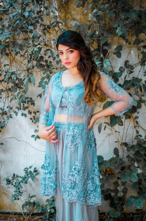 An Elegant Woman in Blue Laced Dress