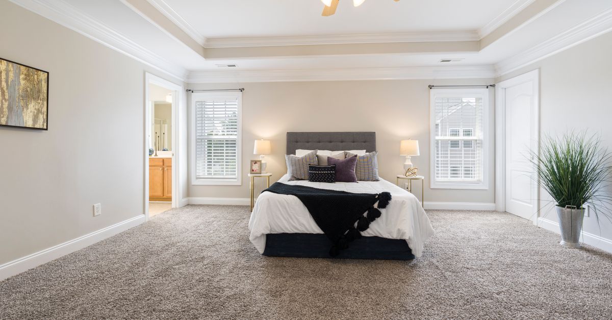Bright and spacious bedroom with modern decor featuring a plush bed and soft lighting.