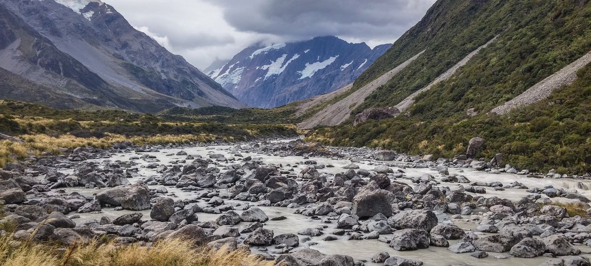 A braided glacial river below New Zealand's Southern Alps.