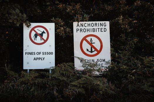 Warning signs in Sydney, Australia: No dogs allowed and anchoring prohibited within 50m.