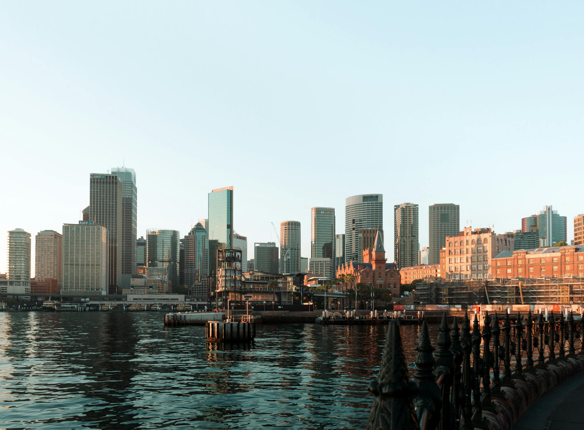 Captivating view of the Sydney skyline at sunset, featuring the modern waterfront and iconic skyscrapers.