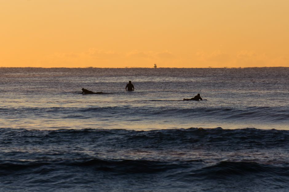 Silhouetted surfers at sunrise off the coast of New South Wales, Australia, with gentle ocean waves.
