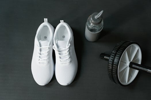 Flat lay of white sneakers, ab roller, and water bottle on black mat for fitness motivation.