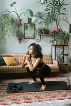 Young woman in active wear doing squat exercises at home with dumbbells and yoga mat.