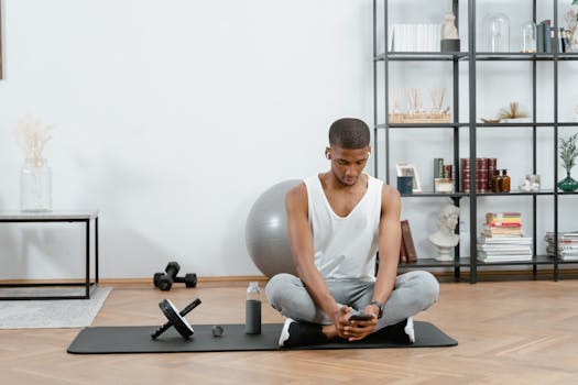 A man sitting on a yoga mat indoors, using his smartphone after a workout session.