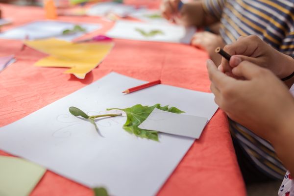 Children making artwork with leaves during a summer course