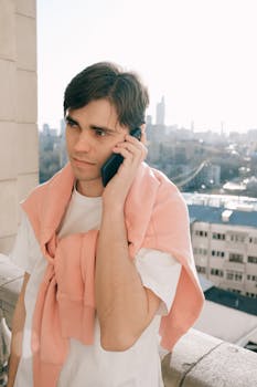 Young man talks on cellphone on an urban balcony with city skyline in the background.