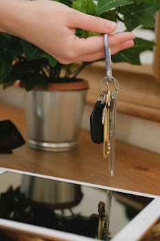 A close-up of a hand holding a set of keys above a tablet on a wooden table.