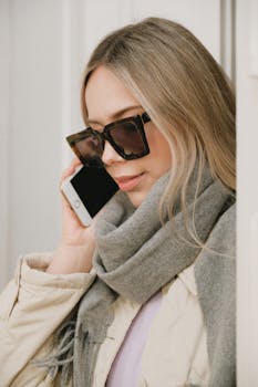 Close-up of a fashionable woman with sunglasses on a phone call indoors.