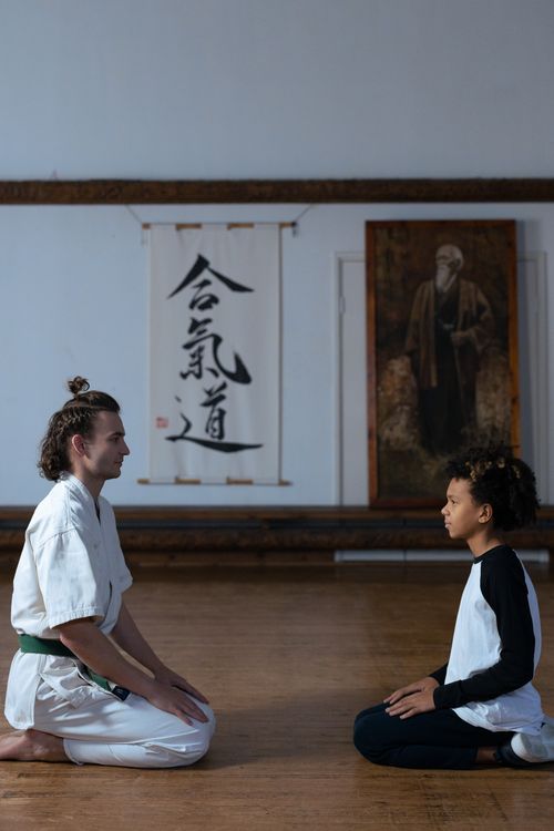 Free Two individuals kneeling face-to-face in a martial arts dojo, learning aikido. Stock Photo