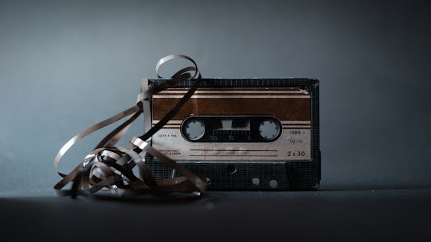Retro audio cassette with tape out placed on gray surface and illuminated by light in studio