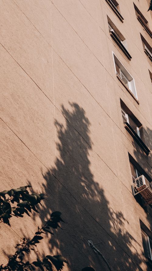 Free Urban building facade with dramatic tree shadows and open windows casting unique patterns. Stock Photo