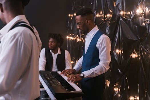 A dynamic group of musicians performing with electronic keyboard and drums in a stylish setting.