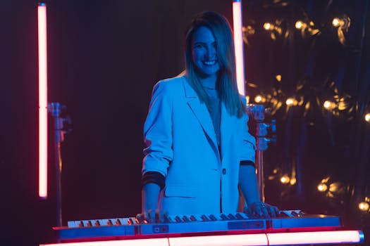 Smiling woman playing synthesizer on stage with vibrant neon lights and artistic setup.