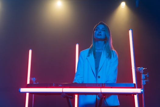Female pianist on stage with neon lights, creating a modern musical ambiance.