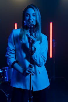 A female singer in a blazer performing under blue and red lights.