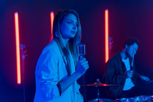 A vibrant band scene with musicians performing under striking neon lights.