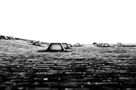 屋顶的黑白景观以天窗和晴朗天空为背景，显得格外戏剧性