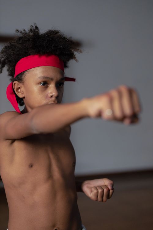 Free Young boy practicing karate punch in indoor setting. Stock Photo