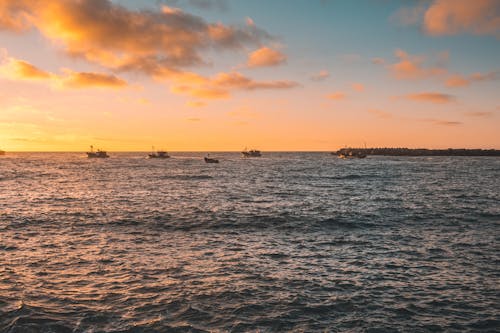 Foto profissional grátis de alvorecer, barcos, cair da noite