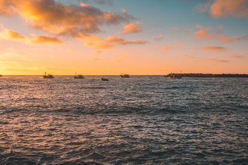 Free Serene sunset view of boats sailing on the ocean in Kenitra, Morocco. Captivating seascape. Stock Photo