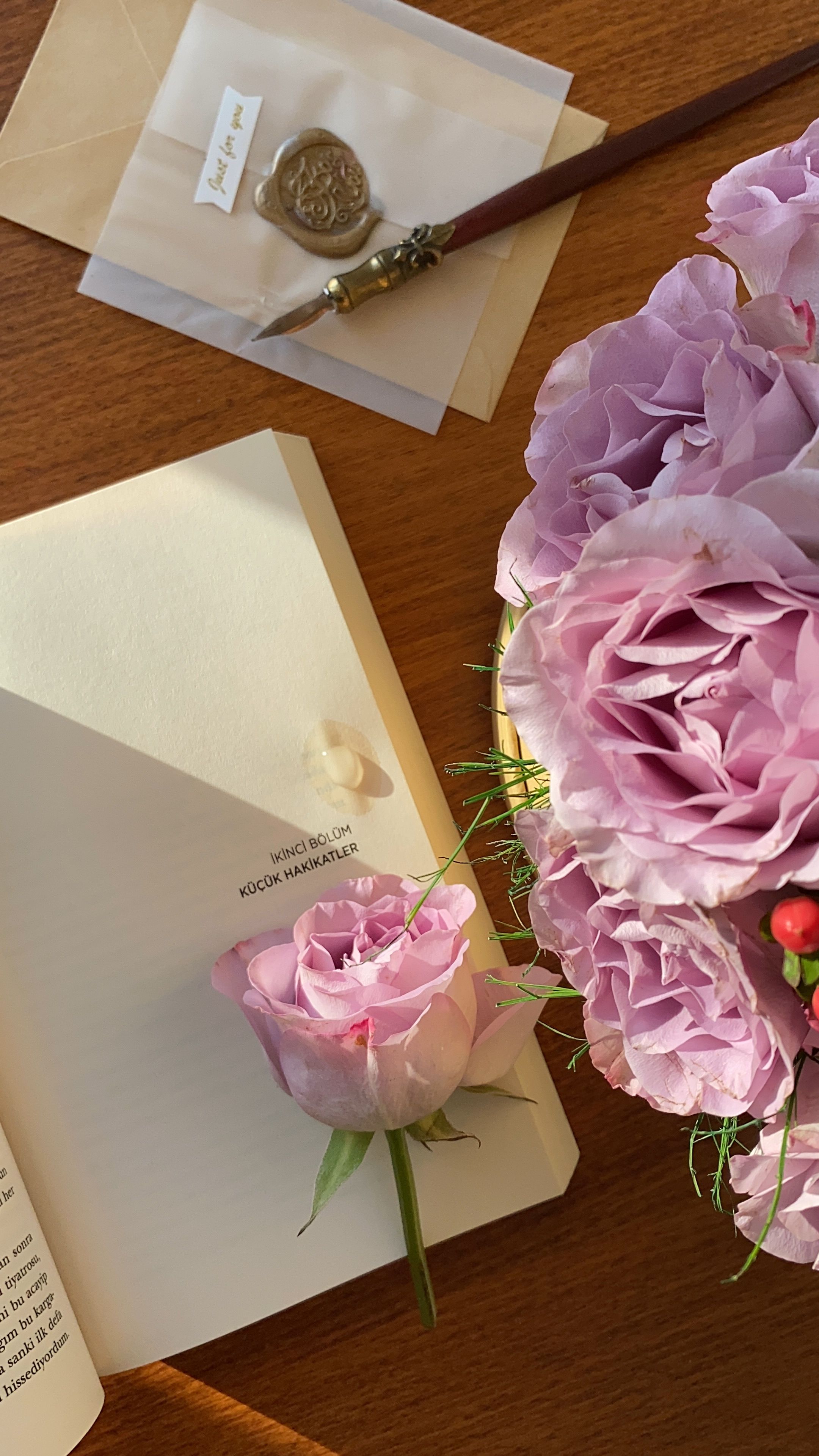 A beautiful still life featuring pink roses and an open book, bathed in warm light.