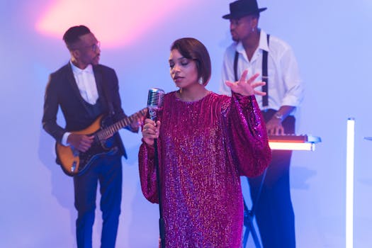 Dynamic live band with a female singer and male musicians performing on stage.