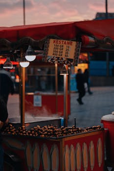 Urban street scene of a chestnut stall at twilight with a blurred background.