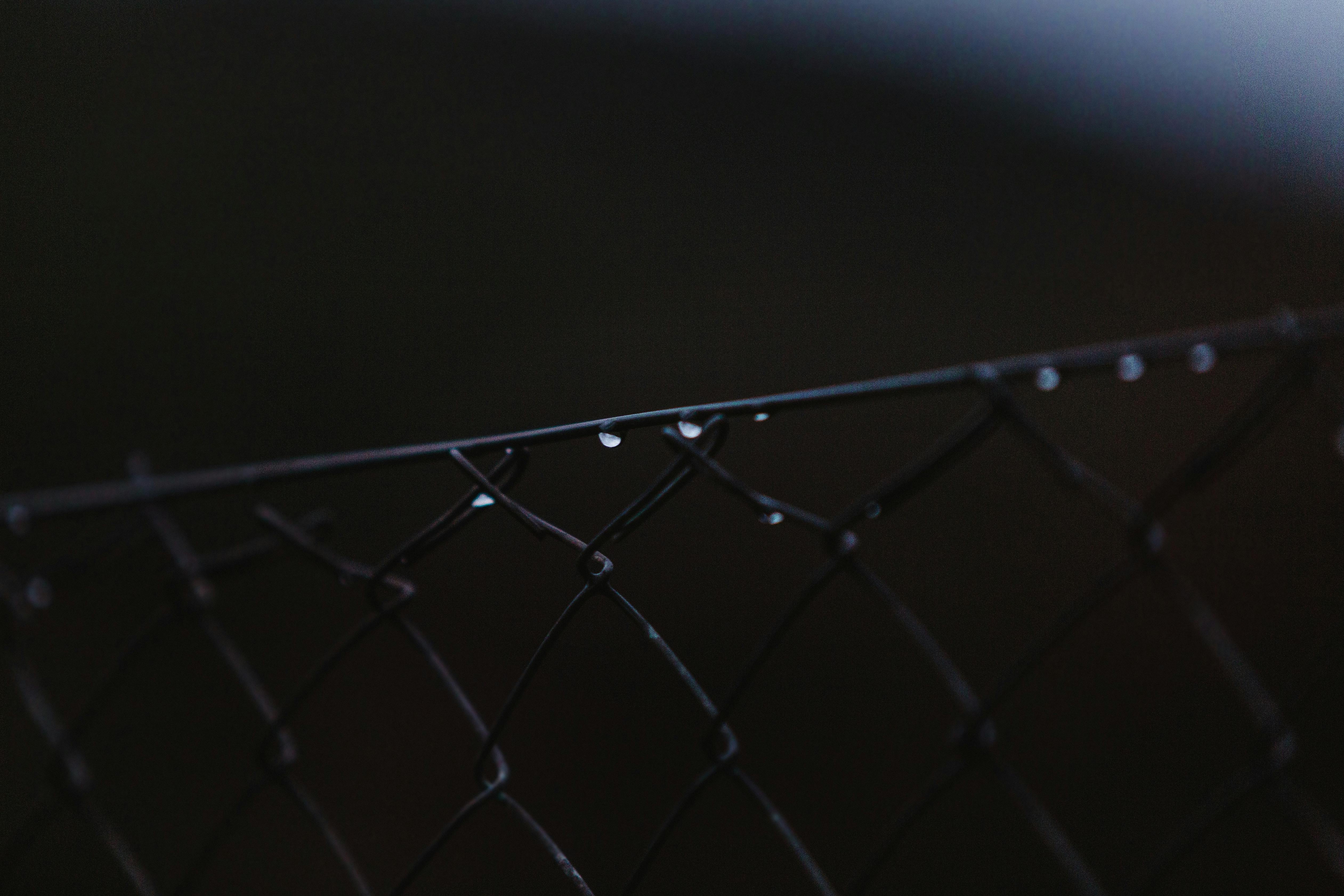Close-up image of raindrops delicately clinging to a wire fence in low light.