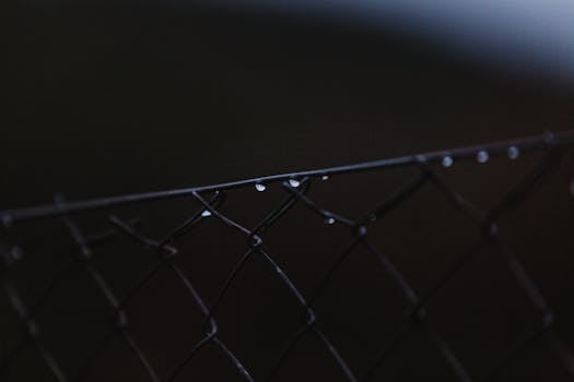 Close-up image of raindrops delicately clinging to a wire fence in low light.