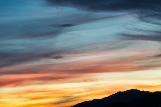 A vibrant sunset with colorful clouds over silhouetted hills, perfect for nature enthusiasts.