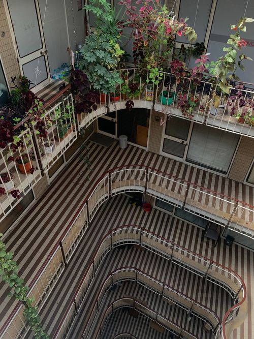 Free Aerial view of an indoor atrium with potted plants and winding staircases. Stock Photo